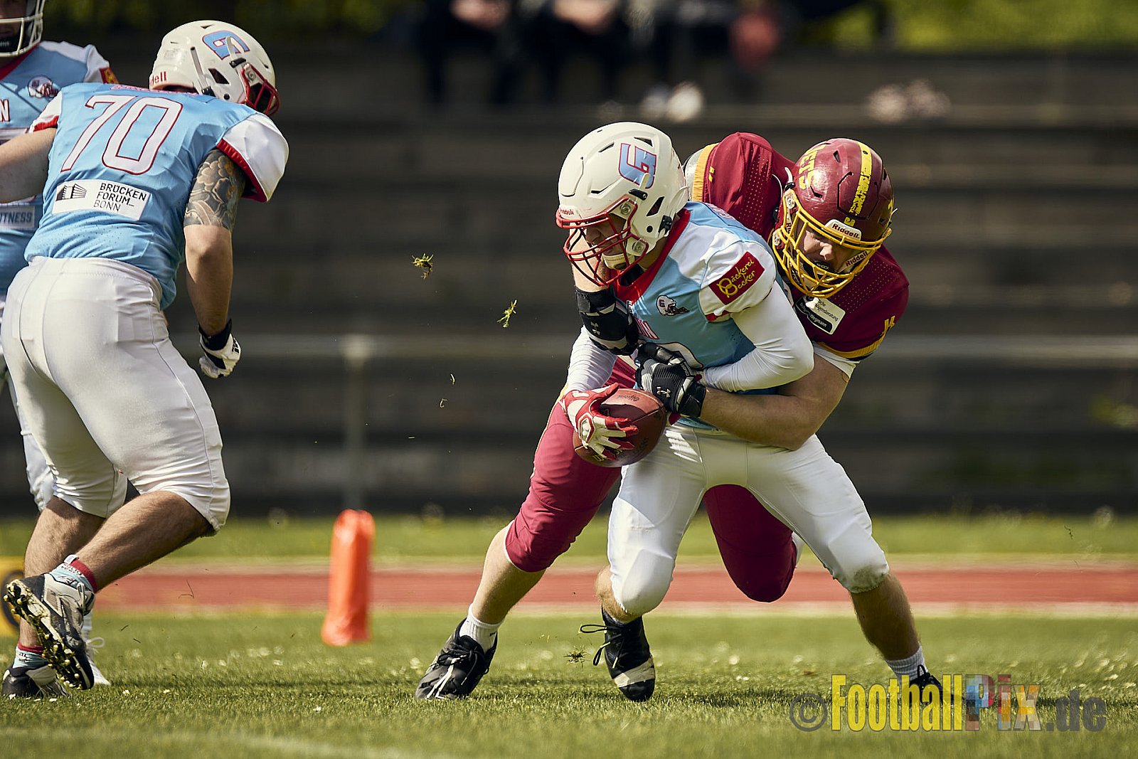 Spiel der Regionalliga AFCV NRW Season 2024 Troisdorf Jets vs. Bonn Gamecocks am 21.04.2024 im Aggerstadion Troisdorf, Punkte Endstand 28 : 07.
[Bildnummer: 2024-04-21_058] - TroisdorfJetsVsBonnGamecocks
