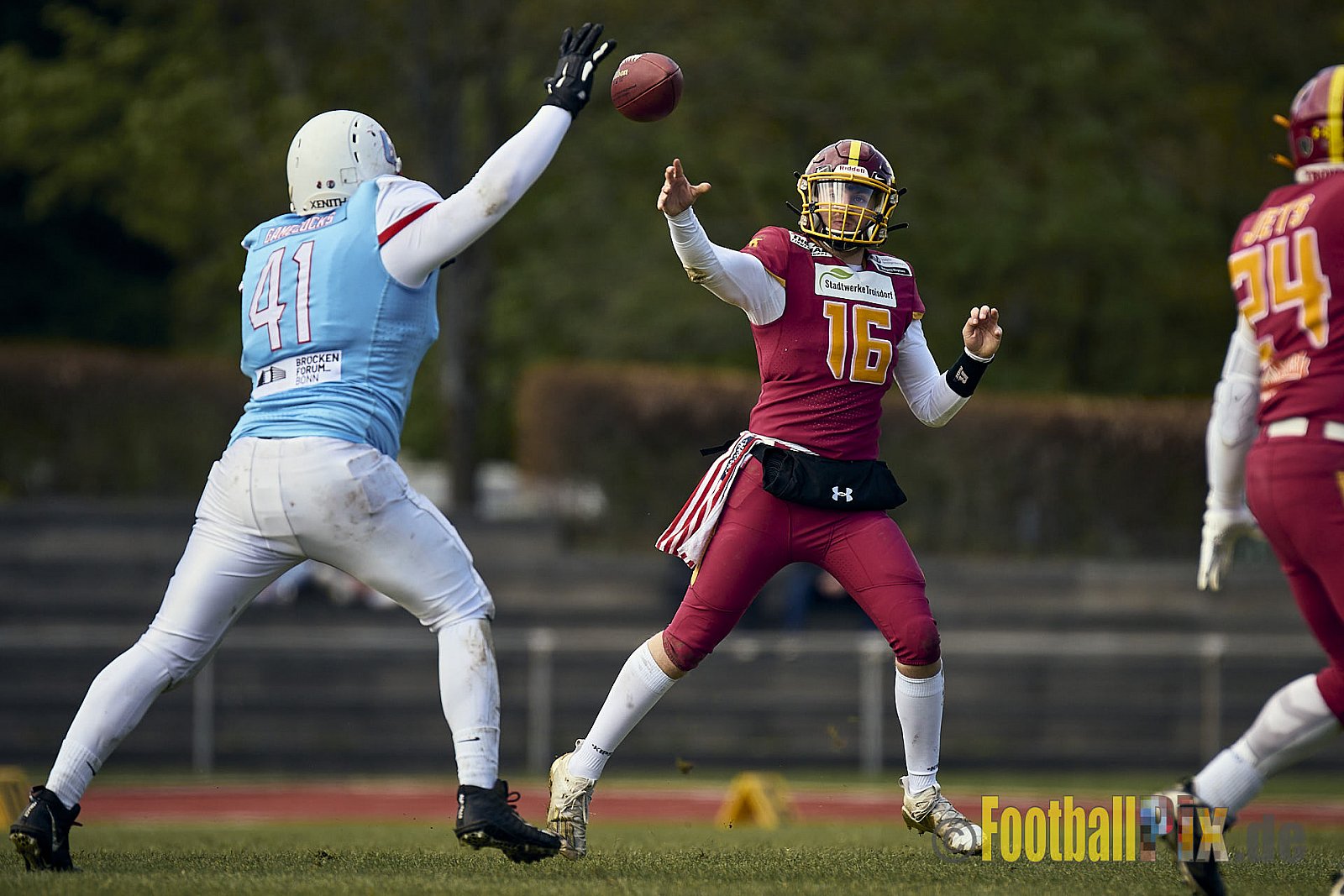 Spiel der Regionalliga AFCV NRW Season 2024 Troisdorf Jets vs. Bonn Gamecocks am 21.04.2024 im Aggerstadion Troisdorf, Punkte Endstand 28 : 07.
[Bildnummer: 2024-04-21_299] - TroisdorfJetsVsBonnGamecocks