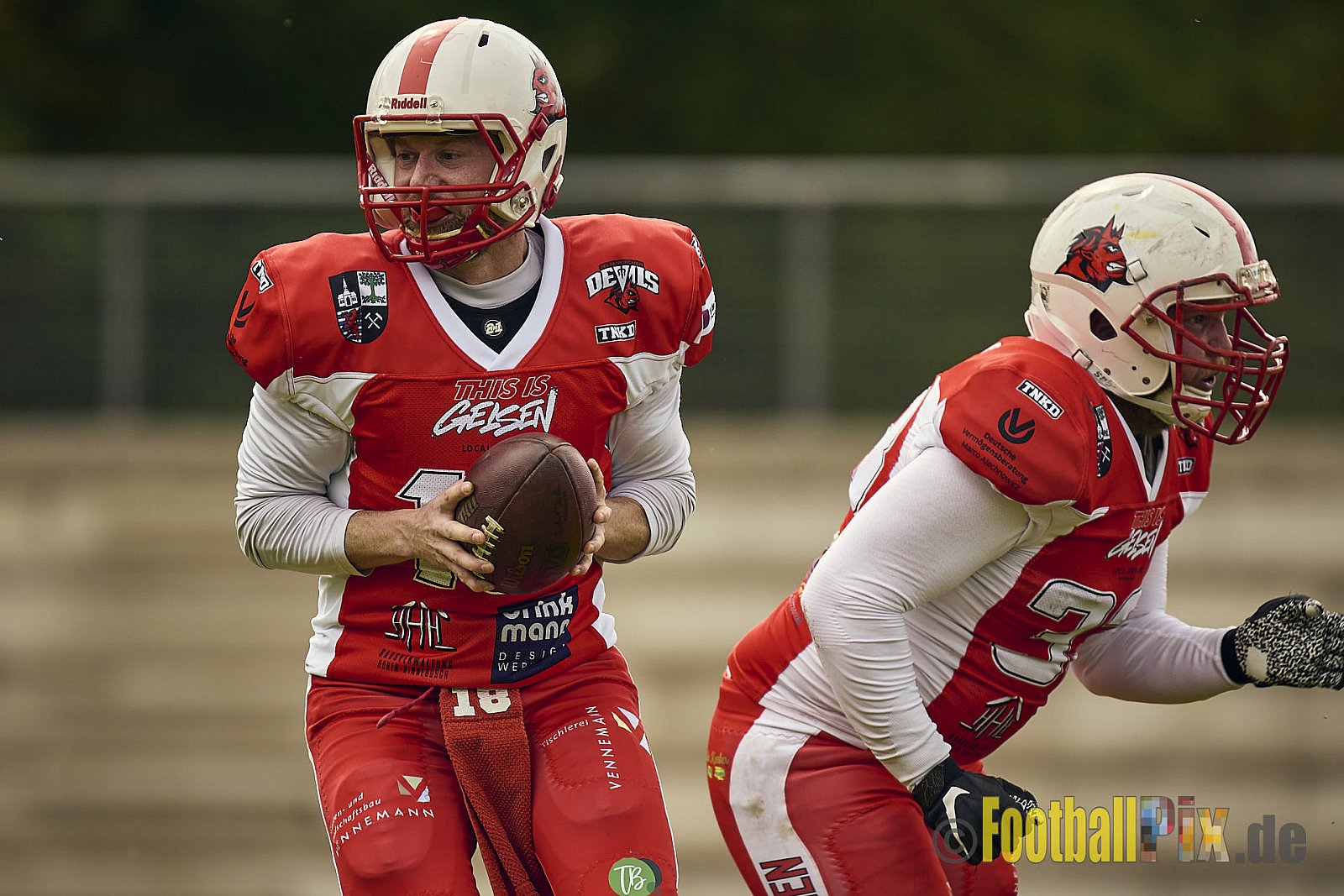 AFCV Verbandsliga Season 2024 Rheine Raptors vs. Gelsenkirchen Devils am 28.04.2024 im Jahnstadion, Schützenstraße, 48429 Rheine, Punkte Endstand 28 : 31.
[Bildnummer: 2024-04-28_0276] - RheineRaptorsVsGelsenkirchenDevils