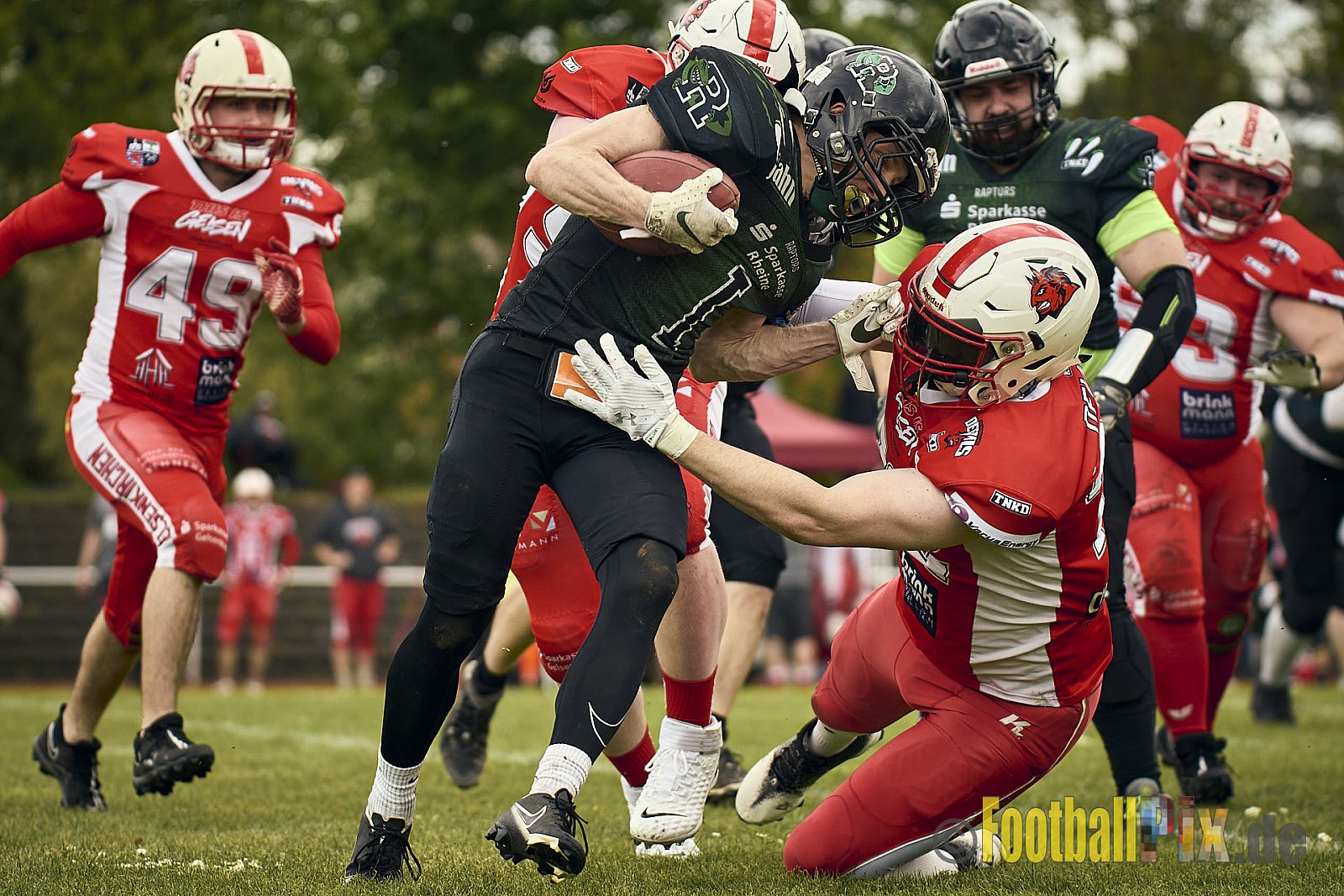 AFCV Verbandsliga Season 2024 Rheine Raptors vs. Gelsenkirchen Devils am 28.04.2024 im Jahnstadion, Schützenstraße, 48429 Rheine, Punkte Endstand 28 : 31.
[Bildnummer: 2024-04-28_0301] - RheineRaptorsVsGelsenkirchenDevils