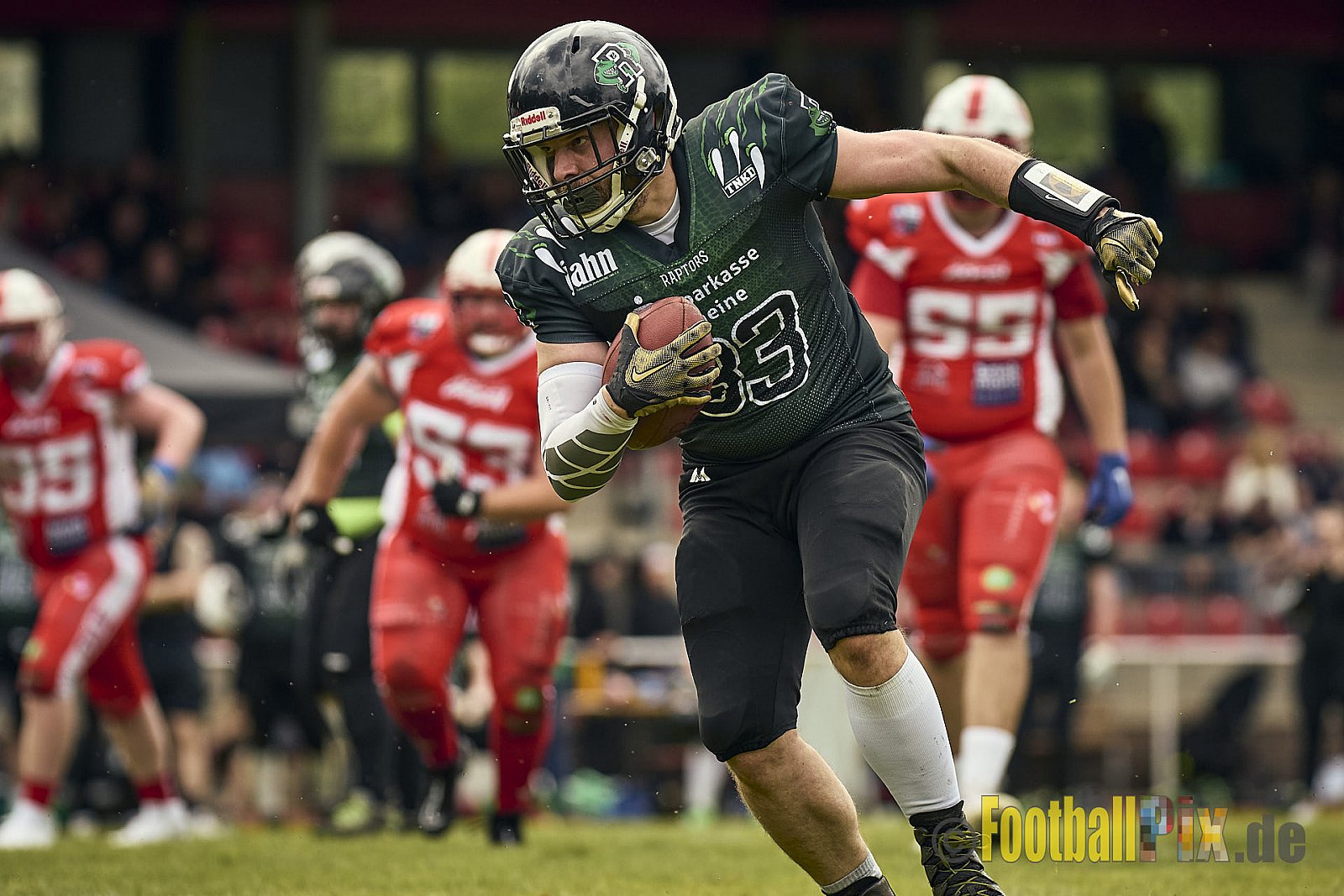 AFCV Verbandsliga Season 2024 Rheine Raptors vs. Gelsenkirchen Devils am 28.04.2024 im Jahnstadion, Schützenstraße, 48429 Rheine, Punkte Endstand 28 : 31.
[Bildnummer: 2024-04-28_0343] - RheineRaptorsVsGelsenkirchenDevils