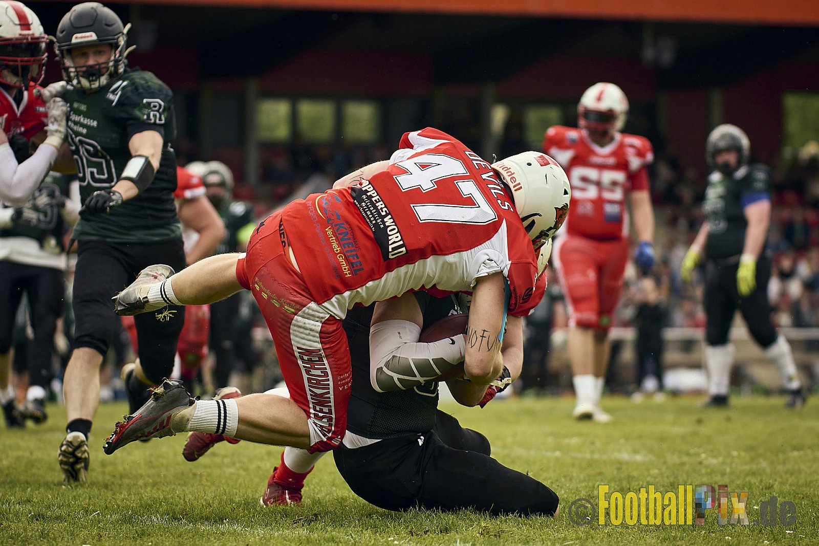 AFCV Verbandsliga Season 2024 Rheine Raptors vs. Gelsenkirchen Devils am 28.04.2024 im Jahnstadion, Schützenstraße, 48429 Rheine, Punkte Endstand 28 : 31.
[Bildnummer: 2024-04-28_0347] - RheineRaptorsVsGelsenkirchenDevils