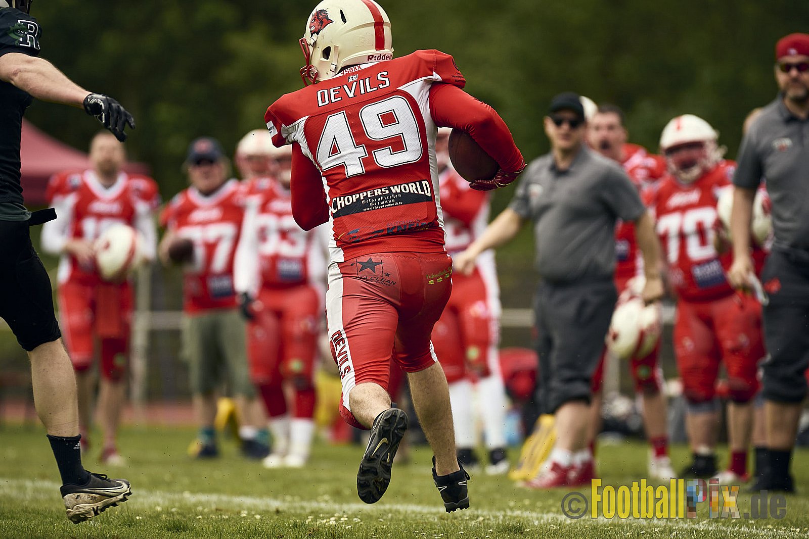 AFCV Verbandsliga Season 2024 Rheine Raptors vs. Gelsenkirchen Devils am 28.04.2024 im Jahnstadion, Schützenstraße, 48429 Rheine, Punkte Endstand 28 : 31.
[Bildnummer: 2024-04-28_0373] - RheineRaptorsVsGelsenkirchenDevils