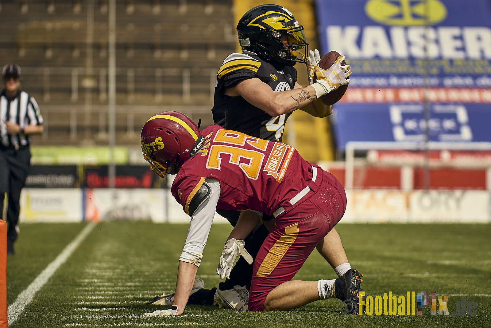 AFCV Regionalliga Season 2024 Krefeld Ravens vs. Troisdorf Jets am 05.05.2024 im Stadion Grotenburg, Tiergartenstraße 165, 47800 Krefeld, Punkte Endstand 46 : 14.
[Bildnummer: 2024-05-05_0403] - KrefeldRavensVsTroisdorfJets