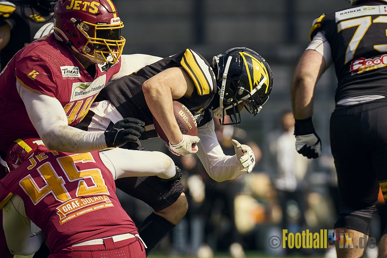 AFCV Regionalliga Season 2024 Krefeld Ravens vs. Troisdorf Jets am 05.05.2024 im Stadion Grotenburg, Tiergartenstraße 165, 47800 Krefeld, Punkte Endstand 46 : 14.
[Bildnummer: 2024-05-05_0567] - KrefeldRavensVsTroisdorfJets