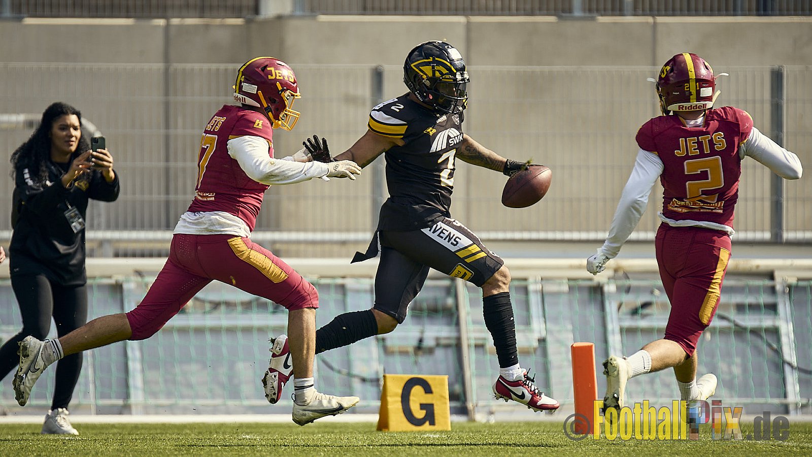 AFCV Regionalliga Season 2024 Krefeld Ravens vs. Troisdorf Jets am 05.05.2024 im Stadion Grotenburg, Tiergartenstraße 165, 47800 Krefeld, Punkte Endstand 46 : 14.
[Bildnummer: 2024-05-05_0580] - KrefeldRavensVsTroisdorfJets