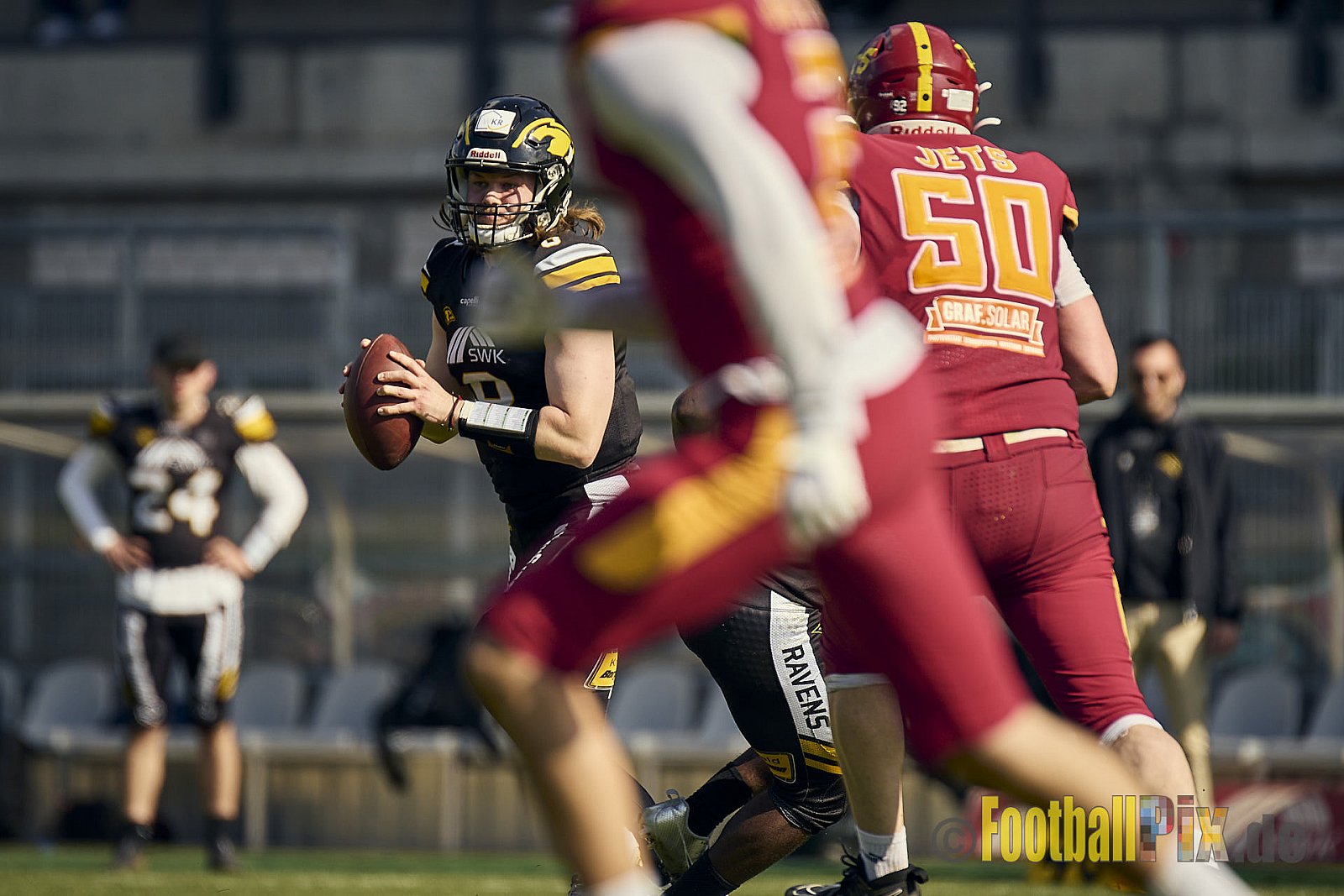 AFCV Regionalliga Season 2024 Krefeld Ravens vs. Troisdorf Jets am 05.05.2024 im Stadion Grotenburg, Tiergartenstraße 165, 47800 Krefeld, Punkte Endstand 46 : 14.
[Bildnummer: 2024-05-05_0649] - KrefeldRavensVsTroisdorfJets