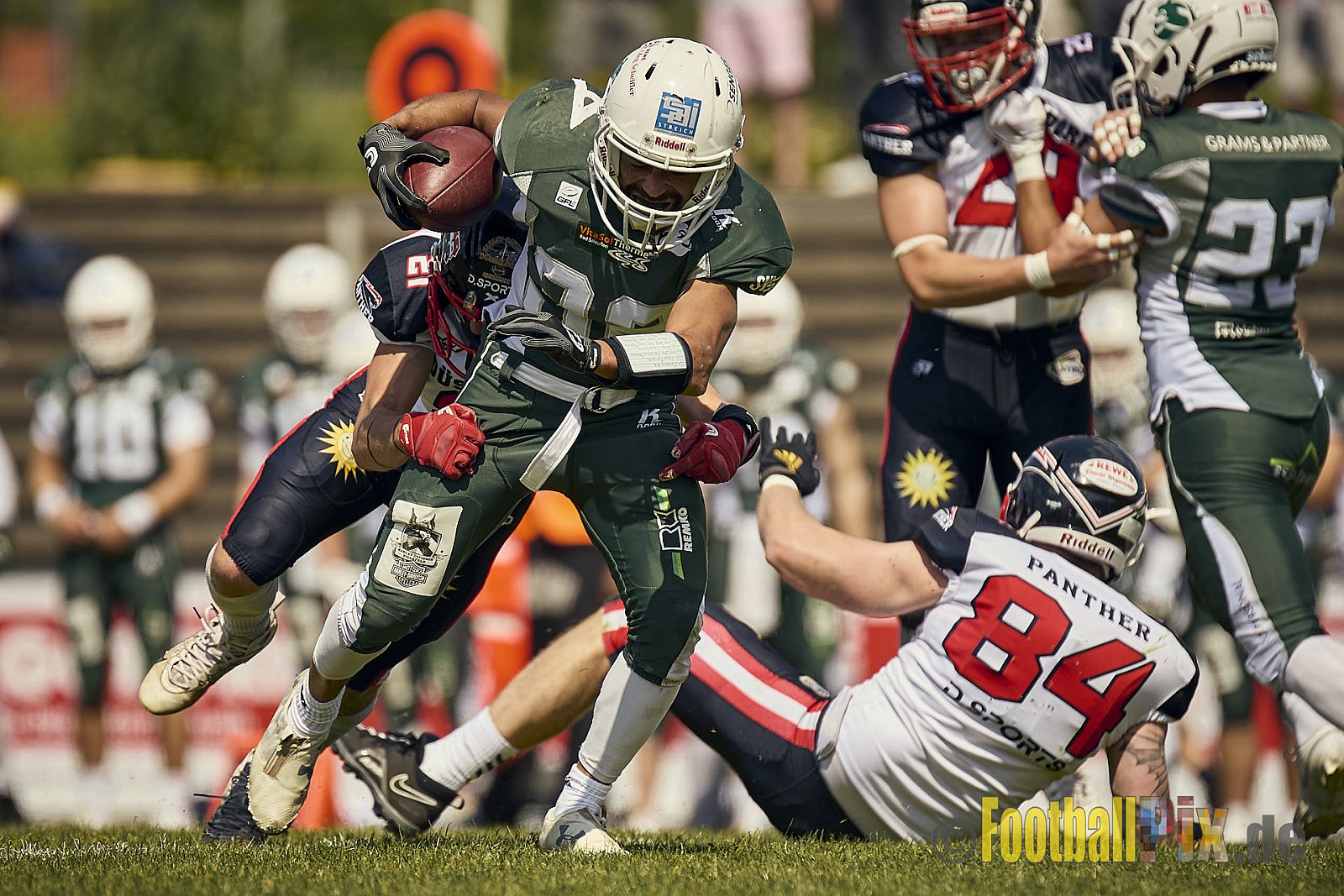 GFL2 Season 2024 Düsseldorf Panther vs. Bielefeld Bulldogs am 09.06.2024 im Bezirks Sportanlage Benrath, Nürnberger Straße, Benrath, Stadtbezirk 9, Dusseldorf, North Rhine – Westphalia, 40599, Germany. Punkte Endstand 30 : 0. - DPantherVsBielefeldBulldogs