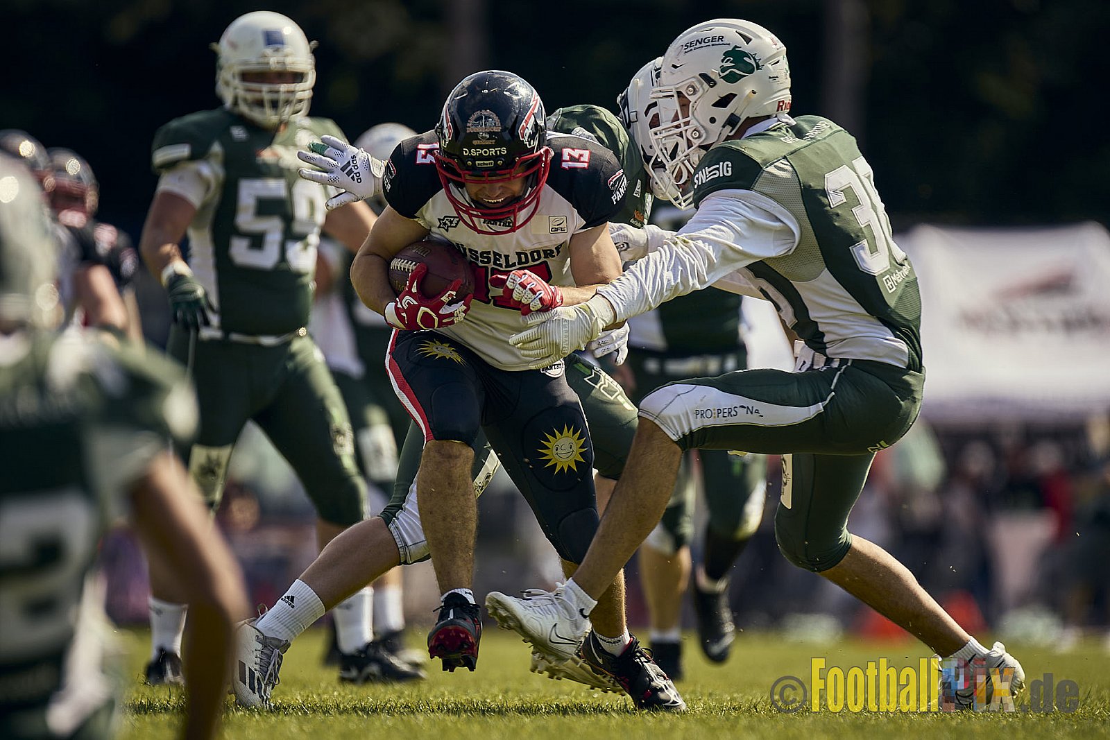 GFL2 Season 2024 Düsseldorf Panther vs. Bielefeld Bulldogs am 09.06.2024 im Bezirks Sportanlage Benrath, Nürnberger Straße, Benrath, Stadtbezirk 9, Dusseldorf, North Rhine – Westphalia, 40599, Germany. Punkte Endstand 30 : 0. - DPantherVsBielefeldBulldogs