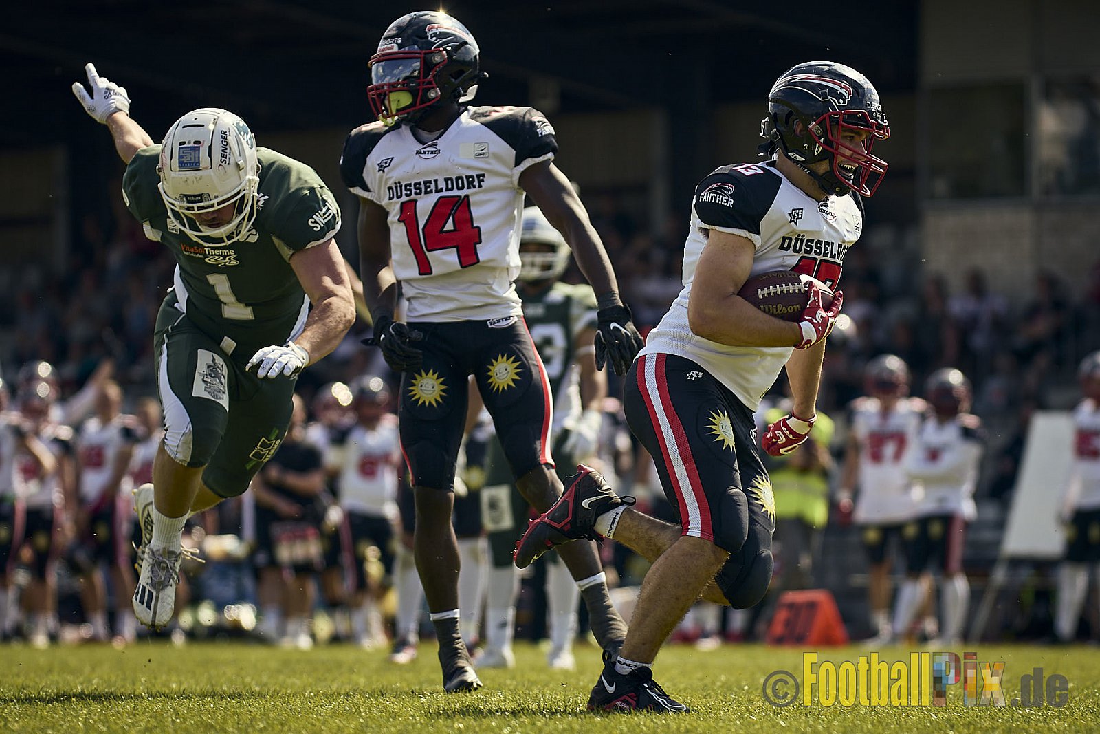 GFL2 Season 2024 Düsseldorf Panther vs. Bielefeld Bulldogs am 09.06.2024 im Bezirks Sportanlage Benrath, Nürnberger Straße, Benrath, Stadtbezirk 9, Dusseldorf, North Rhine – Westphalia, 40599, Germany. Punkte Endstand 30 : 0. - DPantherVsBielefeldBulldogs