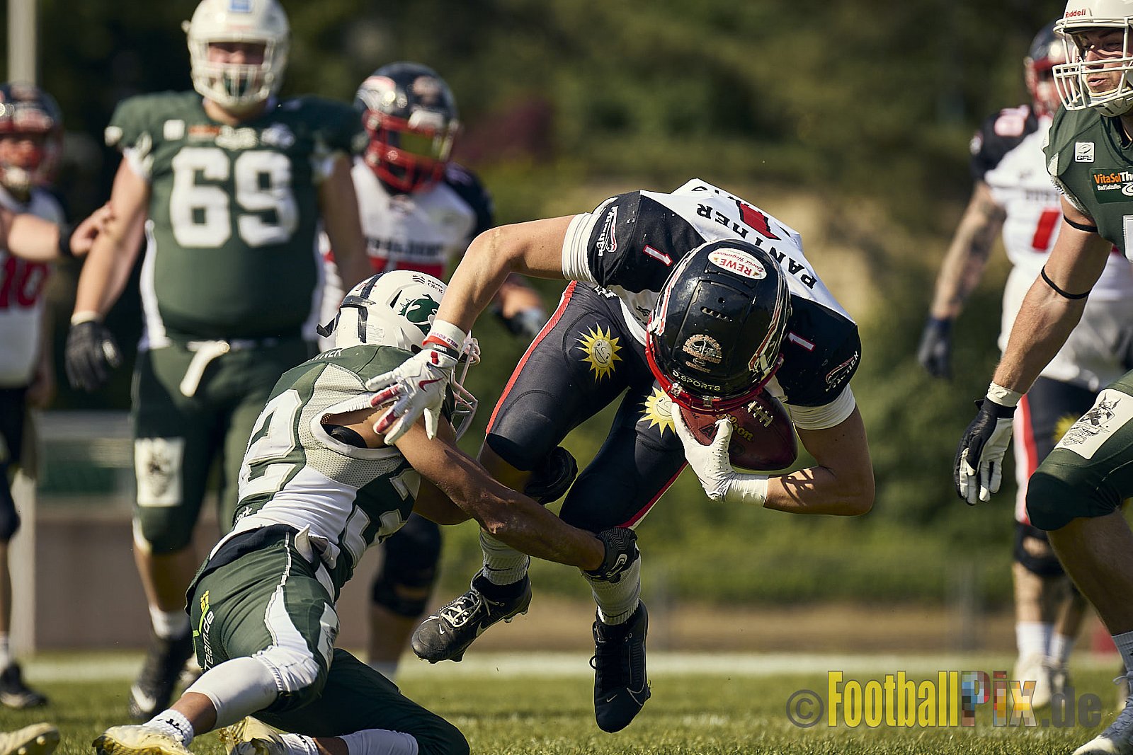 GFL2 Season 2024 Düsseldorf Panther vs. Bielefeld Bulldogs am 09.06.2024 im Bezirks Sportanlage Benrath, Nürnberger Straße, Benrath, Stadtbezirk 9, Dusseldorf, North Rhine – Westphalia, 40599, Germany. Punkte Endstand 30 : 0. - DPantherVsBielefeldBulldogs