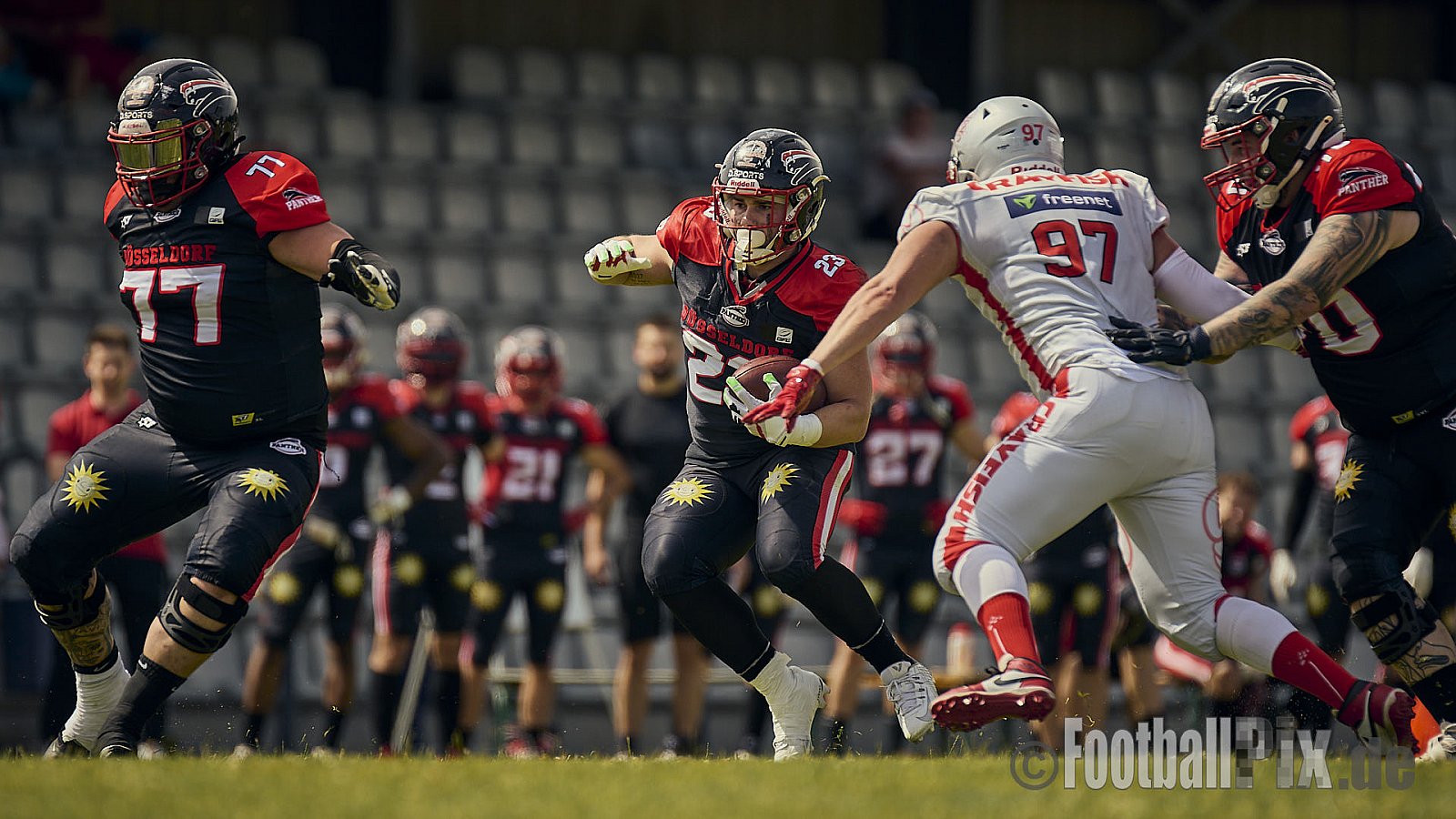 GFL2 Season 2024 Düsseldorf Panther vs. Cottbus Crayfish am 29.06.2024 im Bezirks Sportanlage Benrath, Nürnberger Straße, Benrath, Stadtbezirk 9, Dusseldorf, North Rhine-Westphalia, 40599, Germany. Punkte Endstand 64 : 0. - DPantherVsCottbusCrayfish
