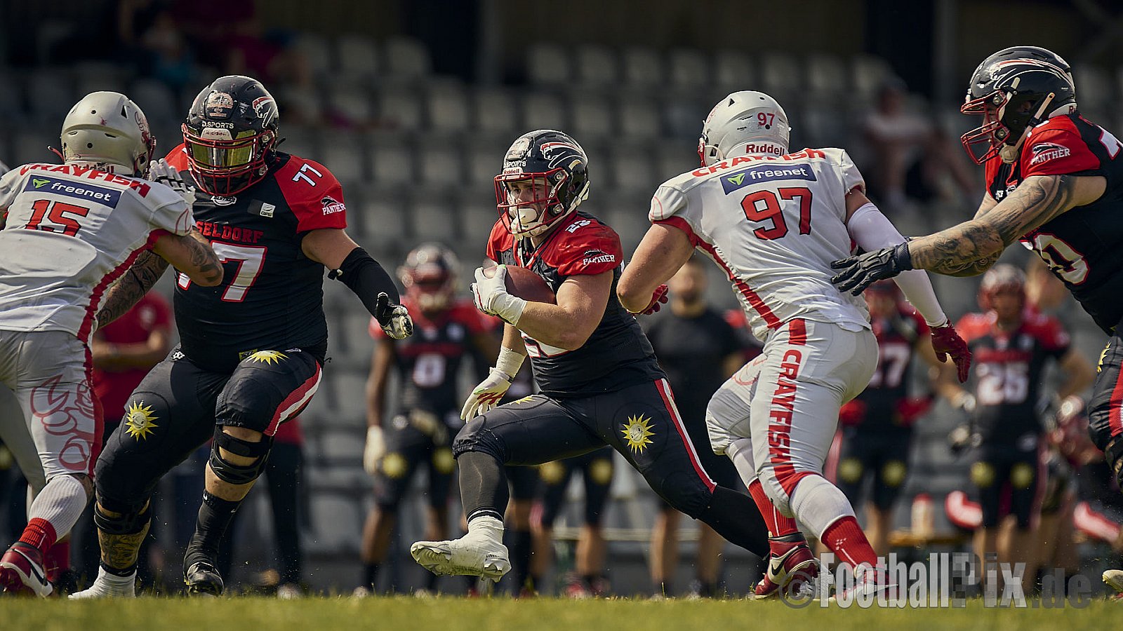 GFL2 Season 2024 Düsseldorf Panther vs. Cottbus Crayfish am 29.06.2024 im Bezirks Sportanlage Benrath, Nürnberger Straße, Benrath, Stadtbezirk 9, Dusseldorf, North Rhine-Westphalia, 40599, Germany. Punkte Endstand 64 : 0. - DPantherVsCottbusCrayfish