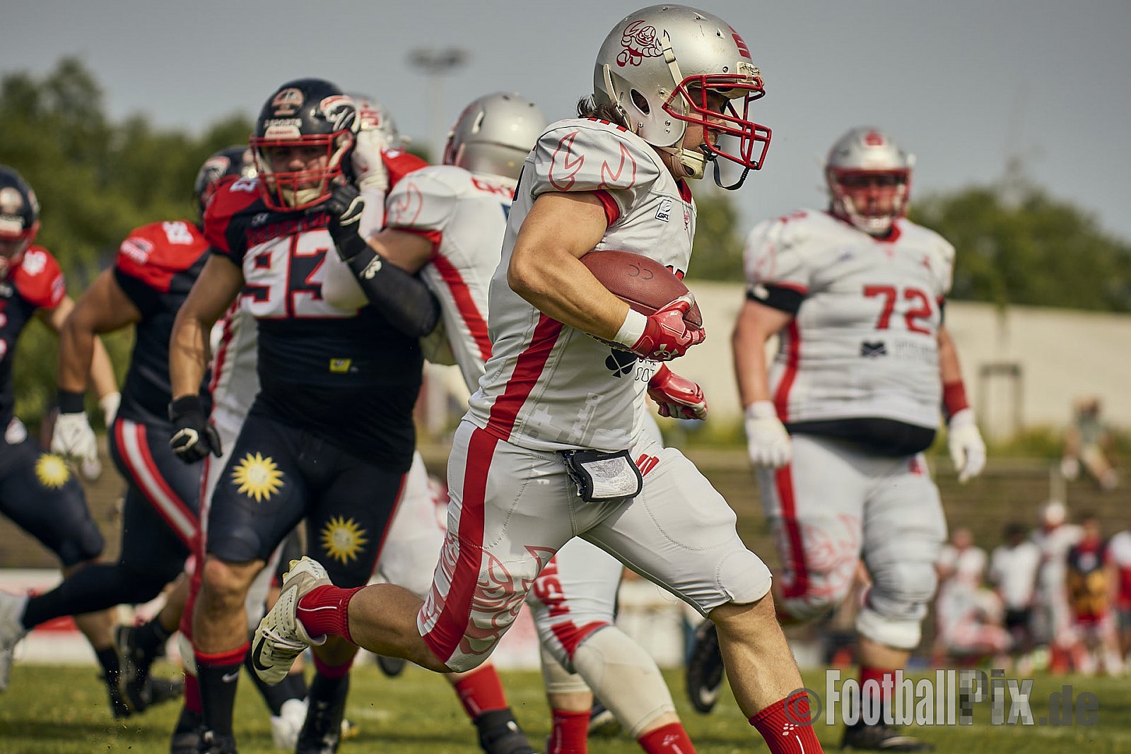 GFL2 Season 2024 Düsseldorf Panther vs. Cottbus Crayfish am 29.06.2024 im Bezirks Sportanlage Benrath, Nürnberger Straße, Benrath, Stadtbezirk 9, Dusseldorf, North Rhine-Westphalia, 40599, Germany. Punkte Endstand 64 : 0. - DPantherVsCottbusCrayfish