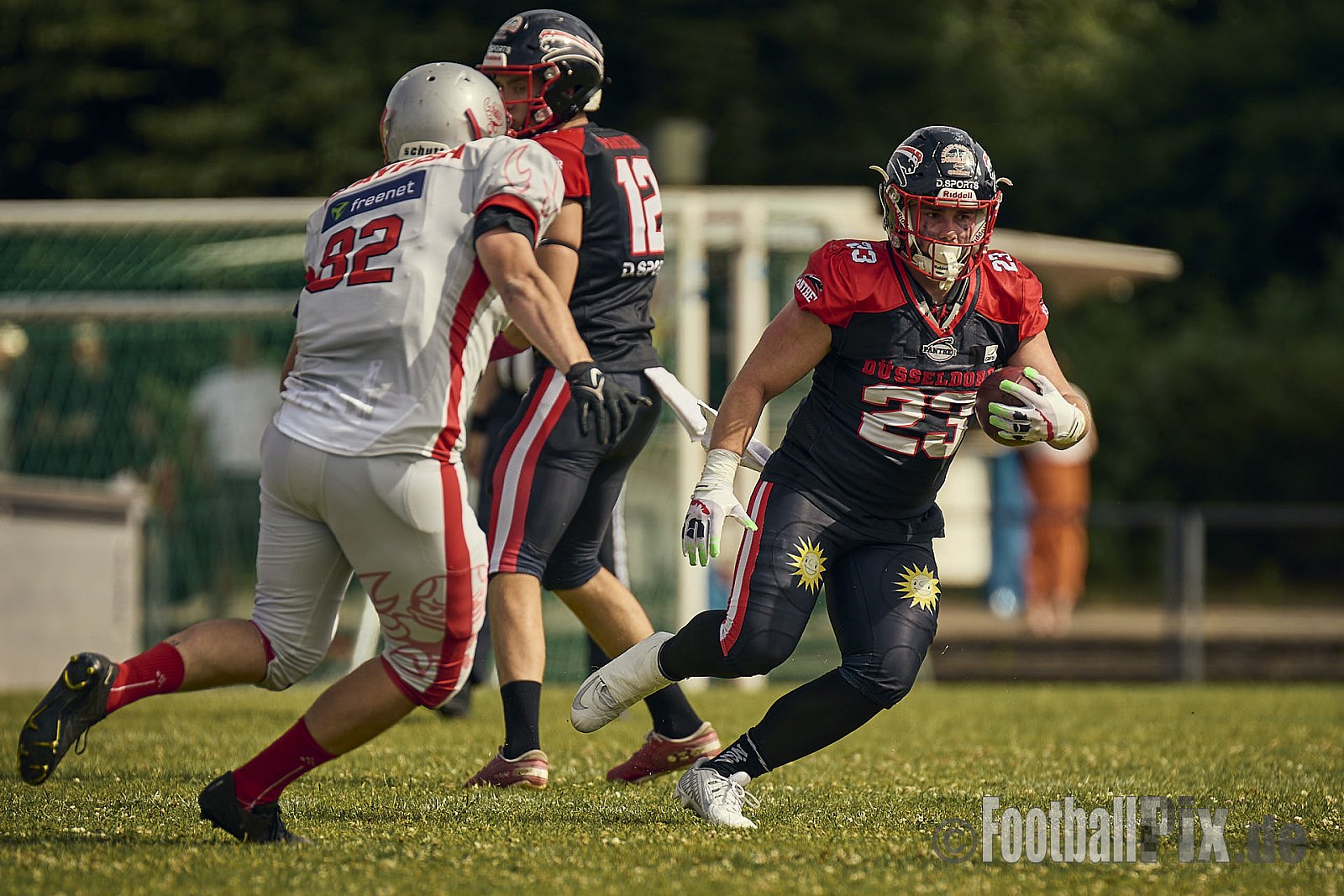 GFL2 Season 2024 Düsseldorf Panther vs. Cottbus Crayfish am 29.06.2024 im Bezirks Sportanlage Benrath, Nürnberger Straße, Benrath, Stadtbezirk 9, Dusseldorf, North Rhine-Westphalia, 40599, Germany. Punkte Endstand 64 : 0. - DPantherVsCottbusCrayfish