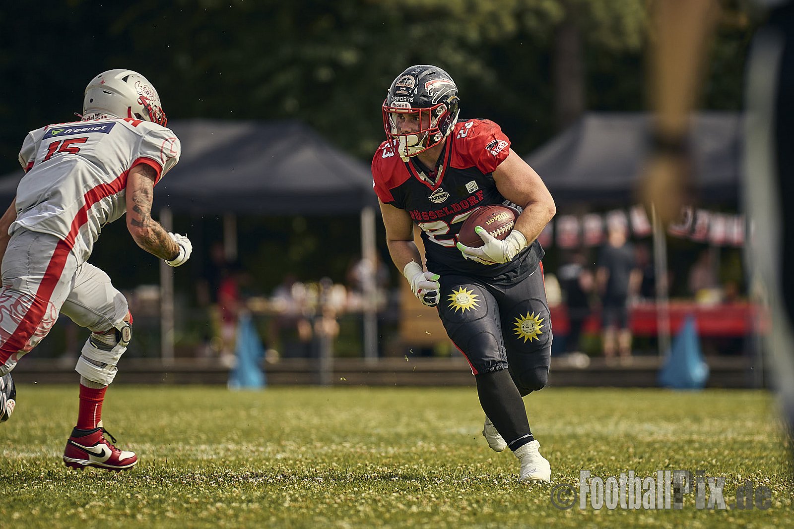 GFL2 Season 2024 Düsseldorf Panther vs. Cottbus Crayfish am 29.06.2024 im Bezirks Sportanlage Benrath, Nürnberger Straße, Benrath, Stadtbezirk 9, Dusseldorf, North Rhine-Westphalia, 40599, Germany. Punkte Endstand 64 : 0. - DPantherVsCottbusCrayfish