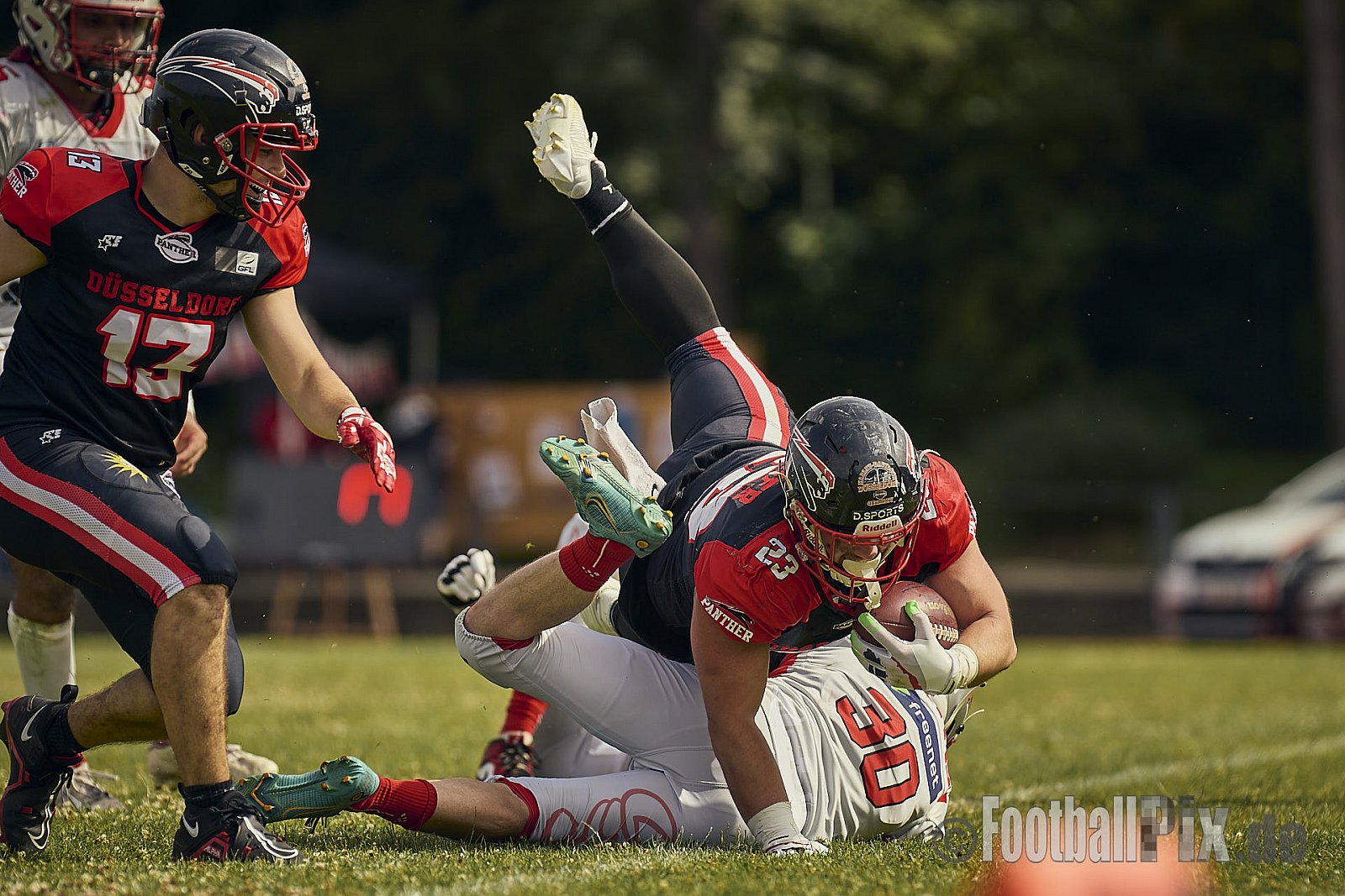 GFL2 Season 2024 Düsseldorf Panther vs. Cottbus Crayfish am 29.06.2024 im Bezirks Sportanlage Benrath, Nürnberger Straße, Benrath, Stadtbezirk 9, Dusseldorf, North Rhine-Westphalia, 40599, Germany. Punkte Endstand 64 : 0. - DPantherVsCottbusCrayfish