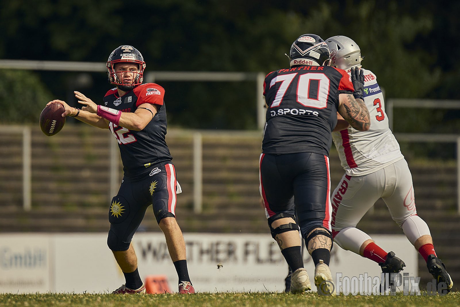 GFL2 Season 2024 Düsseldorf Panther vs. Cottbus Crayfish am 29.06.2024 im Bezirks Sportanlage Benrath, Nürnberger Straße, Benrath, Stadtbezirk 9, Dusseldorf, North Rhine-Westphalia, 40599, Germany. Punkte Endstand 64 : 0. - DPantherVsCottbusCrayfish