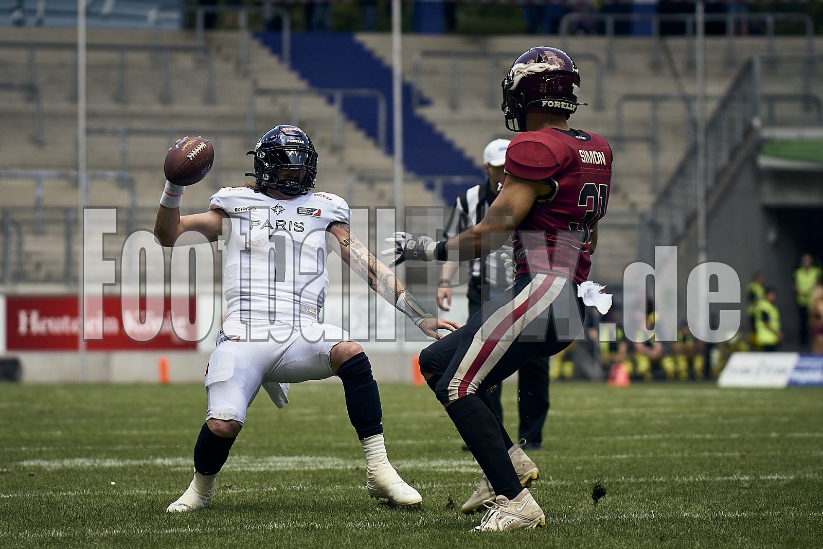 10.Spielwoche der European League of Football (ELF) Season 2024 Paris Musketeers at Rhein Fire am 28.07.2024 im Stadion Schauinsland-Reisen-Arena, Margaretenstraße 5-7, 47055 Duisburg. Spiel Endstand 06 : 38. Bildnummer: 2024-07-28_0506 - Elf ParisMusketeersAtRheinFire