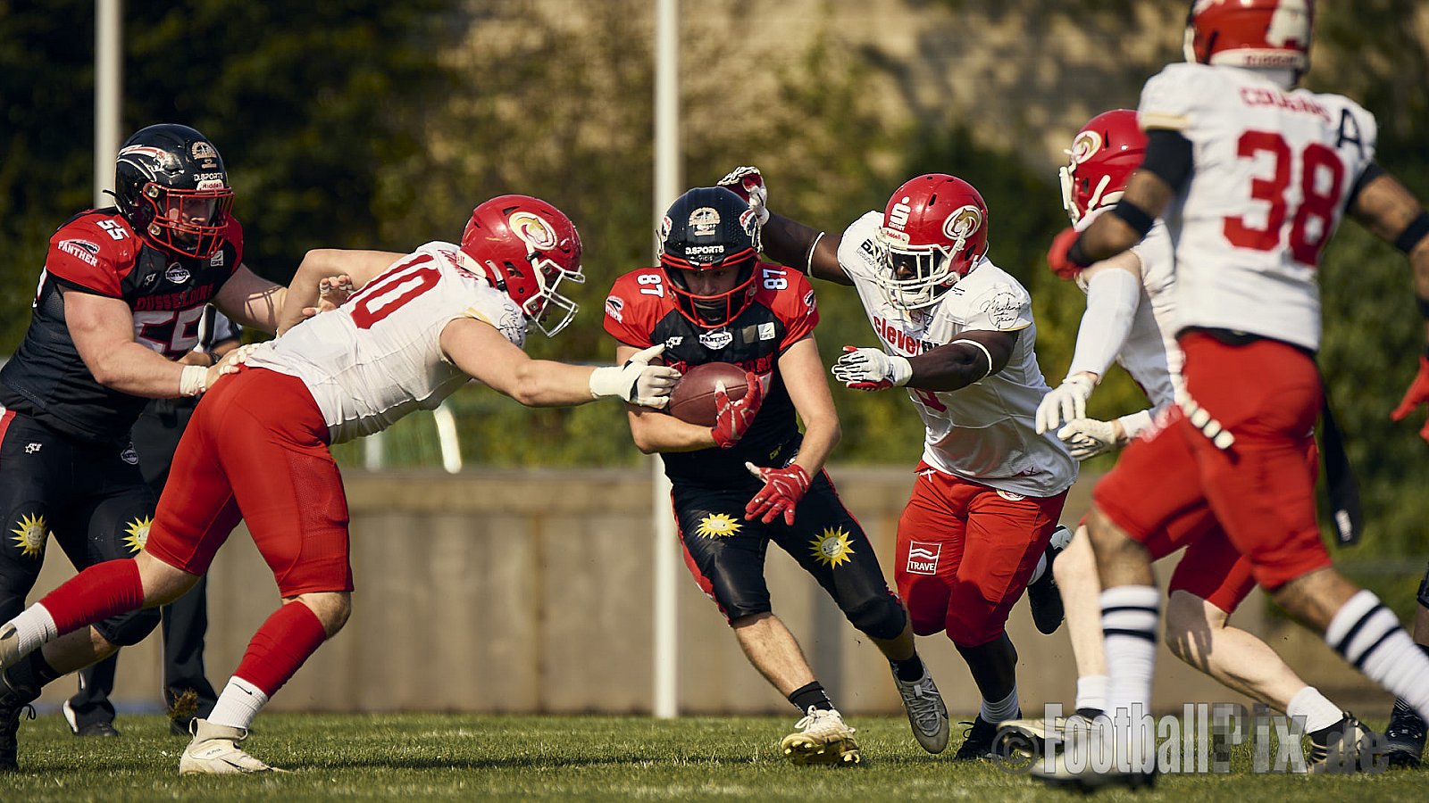 GFL2 Season 2024 Düsseldorf Panther vs. Lübeck Cougars am 31.08.2024 im Bezirks Sportanlage Benrath, Nürnberger Straße, Benrath, Stadtbezirk 9, Dusseldorf, North Rhine-Westphalia, 40599, Germany. Punkte Endstand 16 : 10. - DPantherVsLuebeckCougars