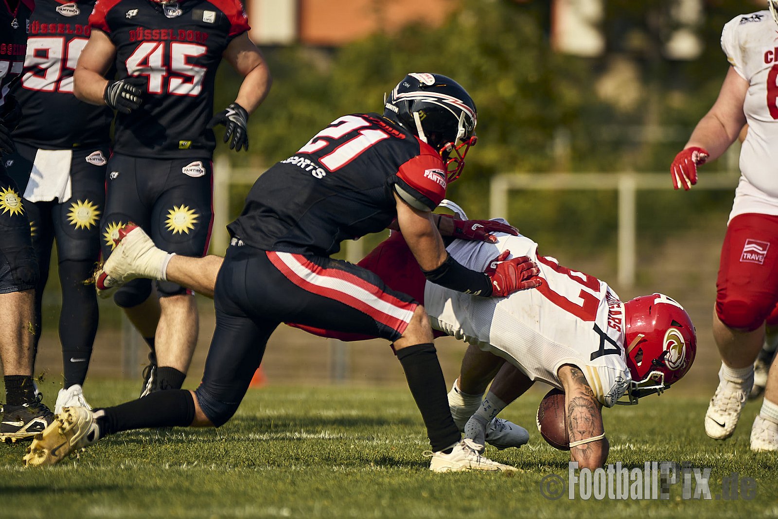 GFL2 Season 2024 Düsseldorf Panther vs. Lübeck Cougars am 31.08.2024 im Bezirks Sportanlage Benrath, Nürnberger Straße, Benrath, Stadtbezirk 9, Dusseldorf, North Rhine-Westphalia, 40599, Germany. Punkte Endstand 16 : 10. - DPantherVsLuebeckCougars