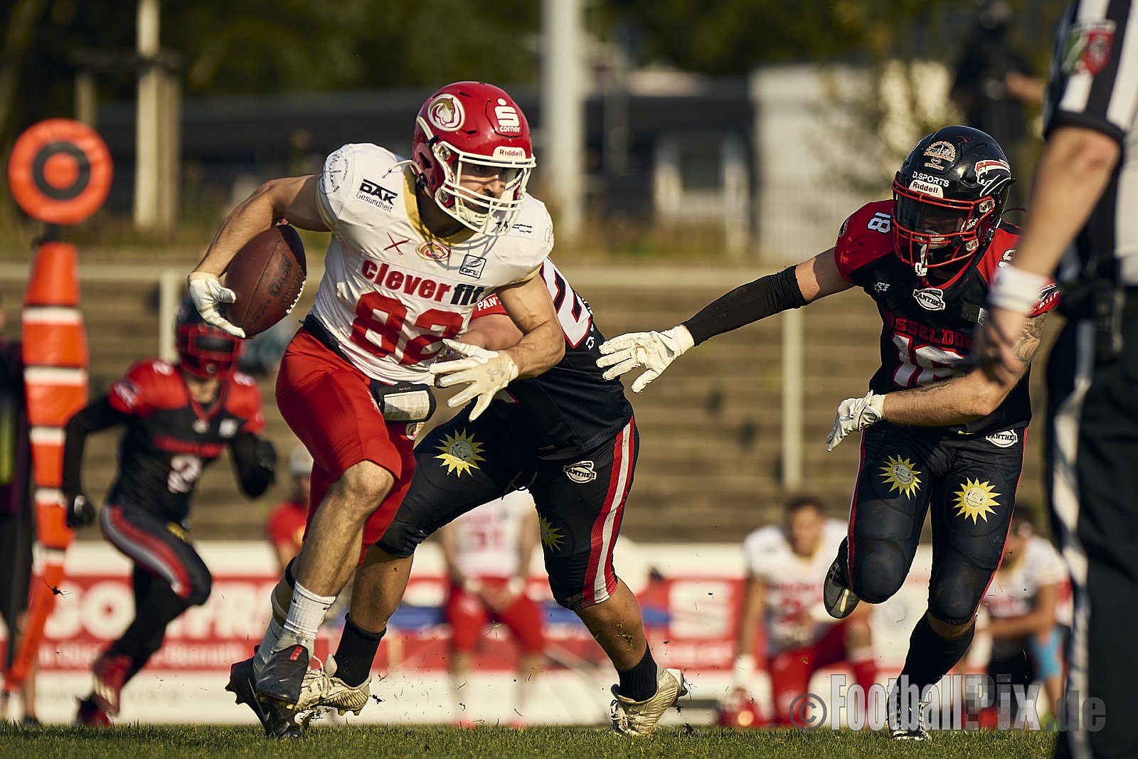 GFL2 Season 2024 Düsseldorf Panther vs. Lübeck Cougars am 31.08.2024 im Bezirks Sportanlage Benrath, Nürnberger Straße, Benrath, Stadtbezirk 9, Dusseldorf, North Rhine-Westphalia, 40599, Germany. Punkte Endstand 16 : 10. - DPantherVsLuebeckCougars