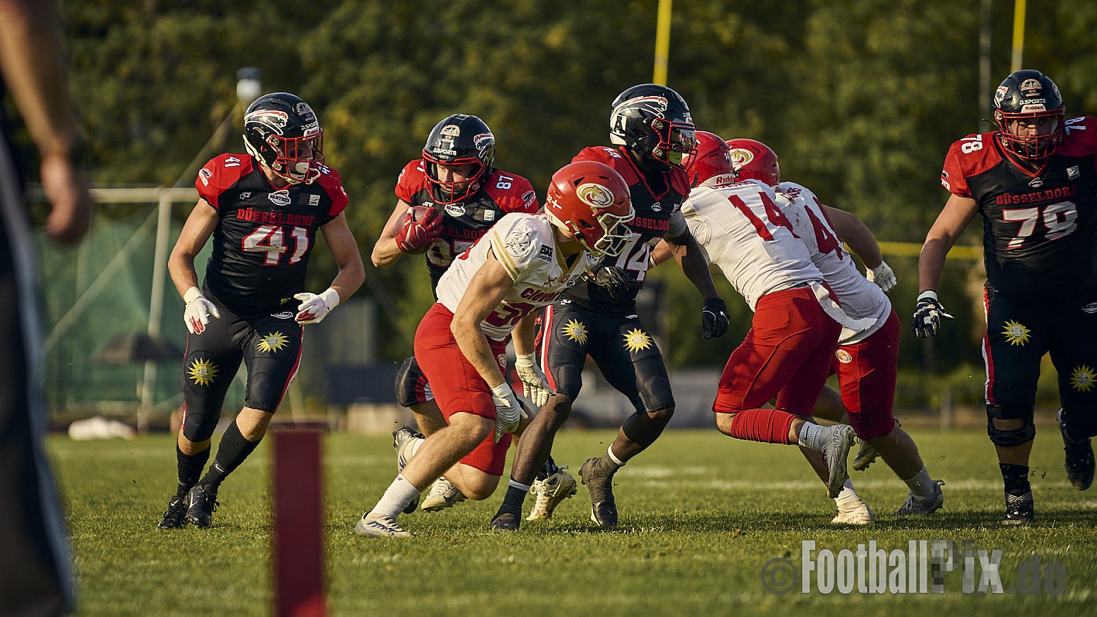GFL2 Season 2024 Düsseldorf Panther vs. Lübeck Cougars am 31.08.2024 im Bezirks Sportanlage Benrath, Nürnberger Straße, Benrath, Stadtbezirk 9, Dusseldorf, North Rhine-Westphalia, 40599, Germany. Punkte Endstand 16 : 10. - DPantherVsLuebeckCougars