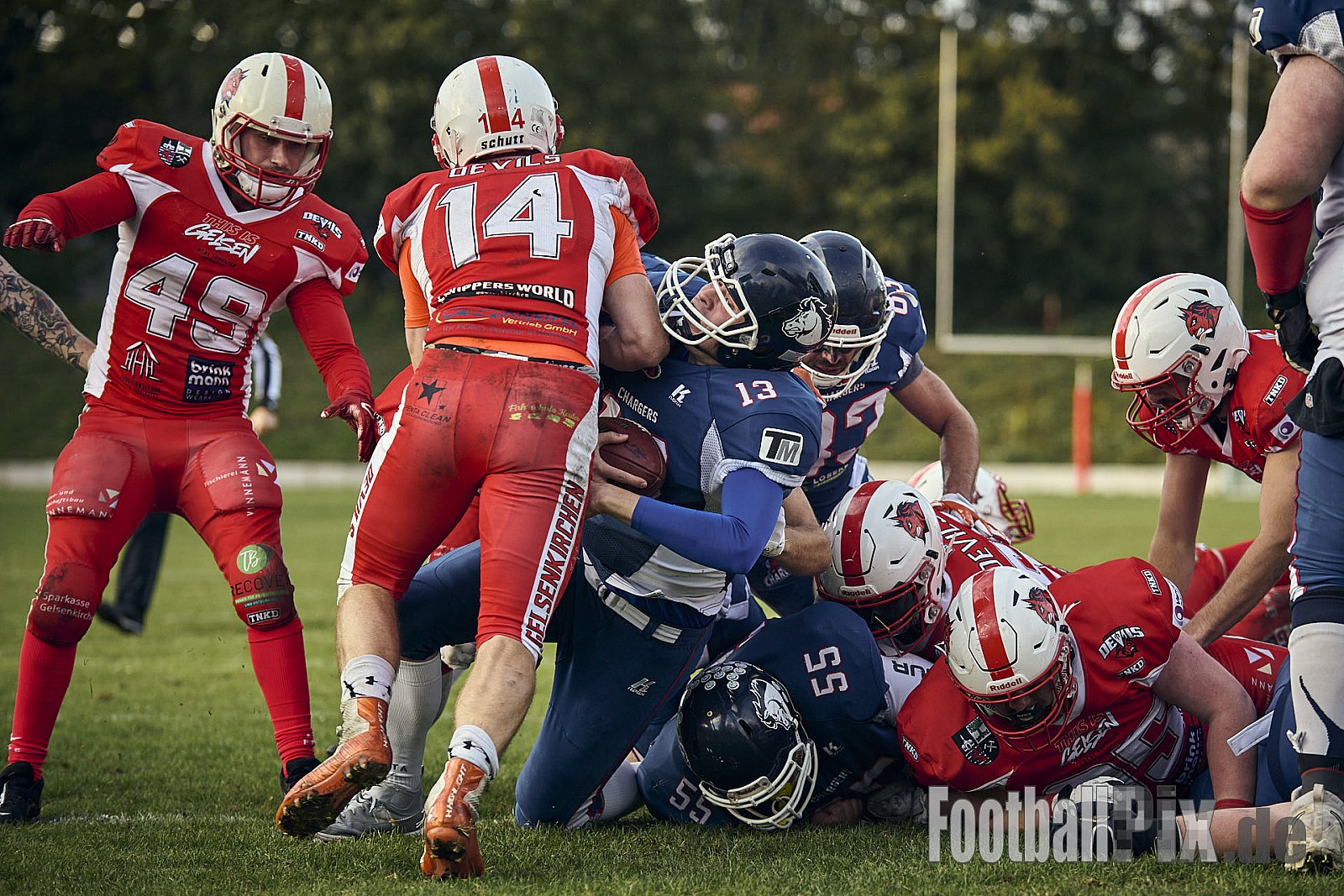 AFCV VL NRW | Gelsenkirchen Devils vs. Recklinghausen Chargers | 28.09.2024 | BV Horst Süd 1962 e.V., Am Hesterkamp, Horst, Gelsenkirchen-West, Gelsenkirchen, North Rhine-Westphalia, 45899, Germany | Punkte Endstand 21 : 35 | Bildnummer: 2024-09-28_0774 - GelsenkirchenDevilsVsRecklinghausenChargers