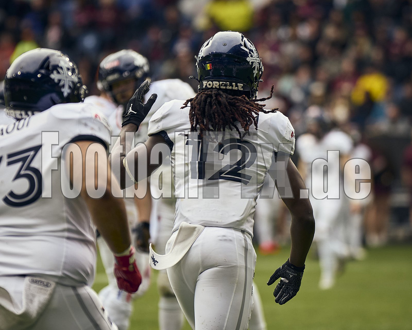 #12 Hugo Tekedam, Wide Receiver, Paris Musketeers | ELF | Paris Musketeers at Rhein Fire |  Punkte Endstand 31 : 07 | Schauinsland-Reisen-Arena, Duisburg | 08.06.2025 | Bildnummer: 2025-06-08_0321 - ParisMusketeersAtRheinFire