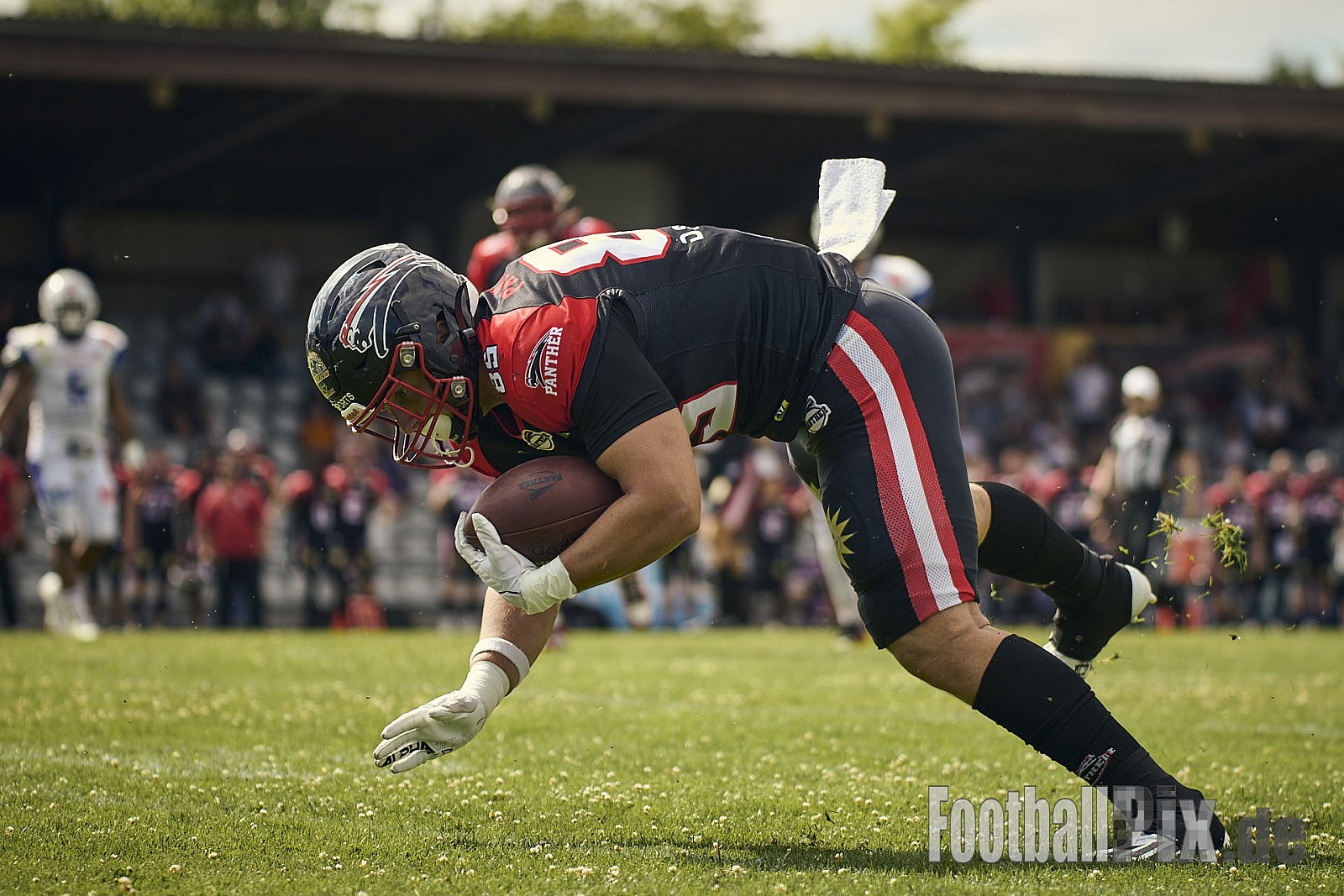 #85 Christopher Kähler, Offense, Düsseldorf Panther | Touchdown | GFL | Düsseldorf Panther vs. Pforzheim Wilddogs |  Punkte Endstand 14 : 07 | Stadion Benrath, Düsseldorf | 28.06.2025 | Job ID: 2025-06-28_0433 - DPantherVsPforzheimWilddogs