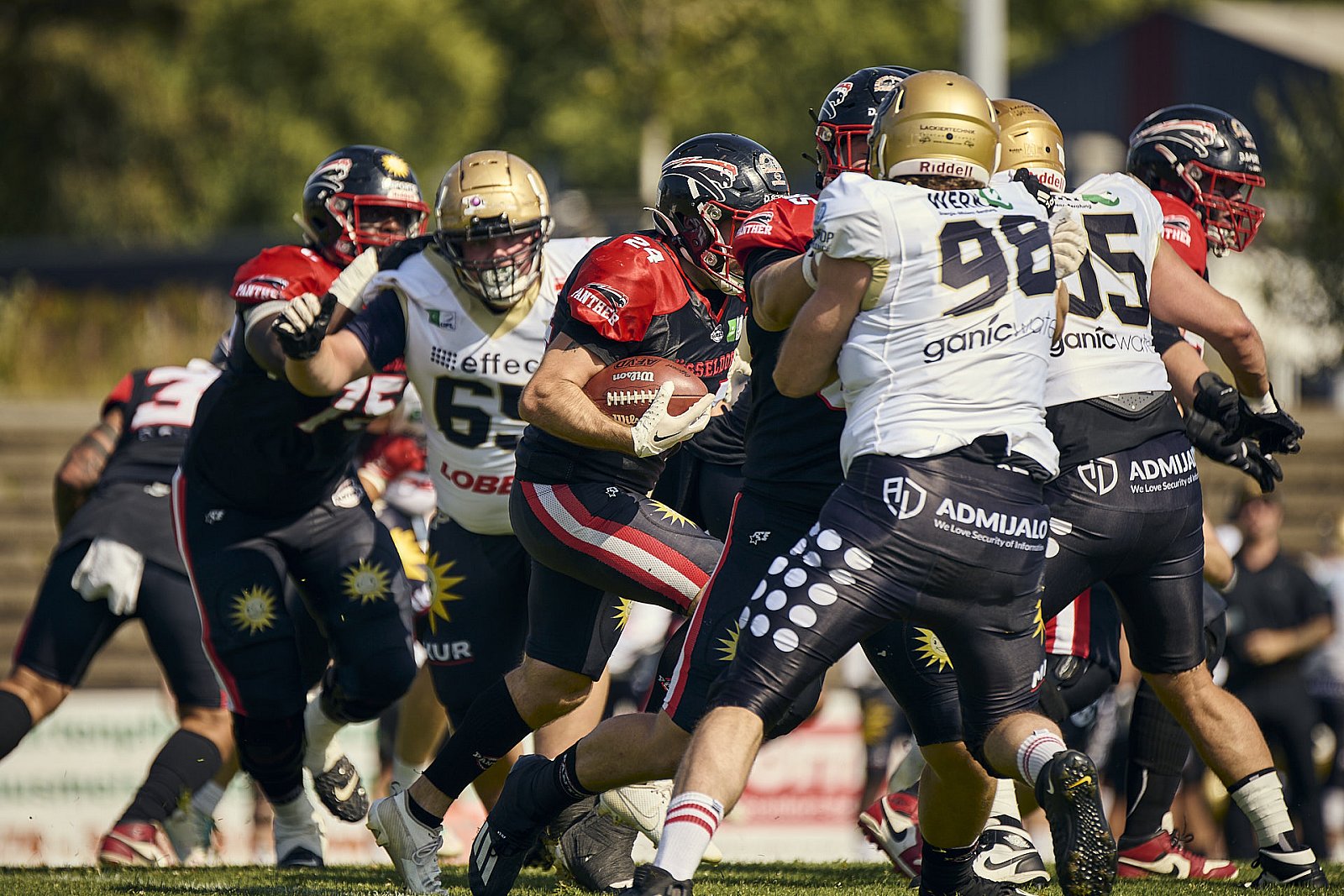 #24 Fabio Luis Car­rara, Offense, Düsseldorf Panther | GFL | Düsseldorf Panther vs. Paderborn Dolphins |  Punkte Endstand 28 : 24 | Stadion Benrath, Dusseldorf | 09.08.2025 | Job ID: 2025-08-09_0320 - DPantherPaderbornVsPaderbornDolphins